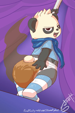 anthro blue_clothing blue_scarf blue_shirt blue_topwear clothed clothing diaper feces footwear fur hair hand_on_diaper legwear low-angle_view male pattern_clothing pattern_footwear pattern_legwear pattern_socks pattern_thigh_highs pattern_thigh_socks pole scarf shirt smile socks soiled_diaper solo stink_fumes striped_clothing striped_footwear striped_legwear striped_socks striped_thigh_highs striped_thigh_socks stripes stripper_pole tail text thigh_highs thigh_socks topwear touching_diaper unclean_diaper used_diaper wearing_diaper swootydoo nintendo pokemon cobalt_(character) generation_6_pokemon pancham pokemon_(species) digital_media_(artwork) hi_res url