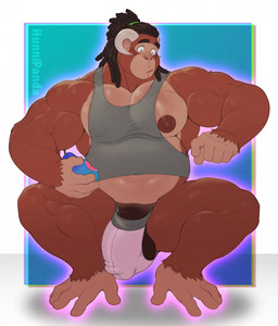 anthro balls biceps brown_body brown_fur bulge clothing crouching detailed_bulge dreadlocks feet food fruit fur genitals hair horn implied_transformation male musclegut muscular muscular_anthro muscular_male nipples pantsless_anthro pantsless_male pecs penis penis_base plant ponytail prehensile_feet shirt solo species_transformation tank_top toes topwear transformation underwear hunnipanda umber_(umberdooks) ape gorilla haplorhine mammal primate hi_res