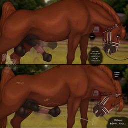 animal_genitalia animal_penis balls belly_slap belly_slapping_masturbation big_flare big_penis bodily_fluids bridle brown_body brown_fur cum cumshot dialogue ejaculation equine_genitalia equine_penis erection eyes_closed feral flared_penis fur genital_fluids genitals huge_flare looking_back male masturbation medial_ring outside penile penile_masturbation penis profanity slap smile solo standing tail talking_feral teeth text fenn.perrox equid equine horse mammal 2026 comic digital_drawing_(artwork) digital_media_(artwork) english_text hi_res