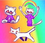 ambiguous_gender anthro feral fur grin rainbow rainbow_background rainbow_theme simple_background smile solo teeth white_body white_fur conditional_dnp labbit_(artist) dotflow sabitsuki domestic_cat felid feline felis mammal colorful_theme