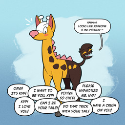 after_transformation antlers blush blush_lines brown_body brown_fur dialogue feral fur hooves horn living_tail pink_nose solo speech_bubble spikes spikes_(anatomy) tail tail_head teasing text transformation unusual_anatomy unusual_tail upside_down_transformation yellow_body yellow_fur trevor-fox nintendo pokemon kyp_(character) trevor-fox_(character) generation_2_pokemon girafarig pokemon_(species) 1:1 english_text hi_res