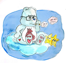 ambiguous_gender angry anthro black_eyewear black_glasses blue_body blue_fur blue_nose blue_tail cigarette cigarette_in_mouth cigarette_smoke cloudco detailed_background eyewear fur glasses group heart_(marking) heart_(organ) heart_symbol male markings narrowed_eyes object_in_mouth organs pawpads pink_pawpads rectangular_glasses sitting_on_cloud smoke smoking smoking_cigarette tail wearing_glasses billy_fore care_bears grumpy_bear bear mammal