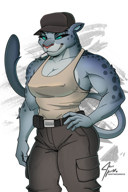 anthro big_breasts blue_eyes breasts clothing female hand_on_hip hat headgear headwear nipple_outline shirt smile solo standing tank_top topwear jace_apollo dreamworks the_bad_guys kitty_kat_(the_bad_guys) felid mammal pantherine snow_leopard 2:3 hi_res