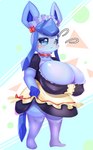absurd_res anthro big_breasts blush breasts cleavage clothed clothing dress eeveelution female generation_4_pokemon glaceon hi_res huge_breasts maid_uniform mokotomuku77 nintendo pokemon pokemon_(species) solo uniform
