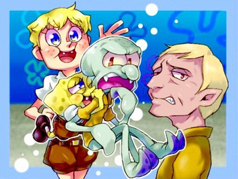 accessory anime_style blue_eyes duo flower_cloud_(spongebob) gesture hug male male/male necktie salute 3orochi nickelodeon spongebob_squarepants spongebob_squarepants_(character) squidward_tentacles animal_humanoid aquatic aquatic_humanoid cephalopod cephalopod_humanoid human humanoid mammal mollusk mollusk_humanoid sea_sponge squid_humanoid