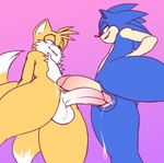 2_tails anthro balls bedroom_eyes bite biting_lip black_nose blue_body blue_eyes blue_fur bodily_fluids cheek_tuft chest_tuft dripping duo erection eye_contact facial_tuft femboy frottage fur genital_fluids genitals green_eyes half-closed_eyes humanoid_genitalia humanoid_penis imminent_sex looking_at_another low-angle_view male male/male multi_tail narrowed_eyes penile penis pink_background precum precum_drip seductive sex simple_background standing tail tan_body tan_fur teasing tuft white_body white_fur worm's-eye_view yellow_body yellow_fur biffalo sega sonic_the_hedgehog_(series) miles_prower sonic_the_hedgehog canid canine eulipotyphlan fox hedgehog mammal absurd_res digital_drawing_(artwork) digital_media_(artwork) hi_res