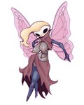 anthro areola biped black_eyes blonde_hair breasts clothing female fingers genitals hair mouthless musical_note musical_symbol nipples noseless pussy simple_background solo symbol white_background wide_hips wings bayonet_(artist) hollow_knight team_cherry marissa_(hollow_knight) arthropod 2025 4:5 absurd_res digital_media_(artwork) hi_res