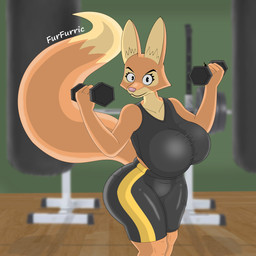 anthro athletic_wear big_breasts big_butt blurred_background breasts butt clothing exercise female gym huge_breasts solo tight_clothing weightlifting weights workout furfurric dreamworks the_bad_guys diane_foxington canid canine fox mammal 1:1 absurd_res hi_res