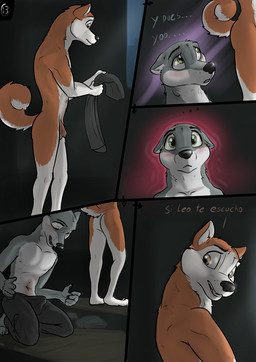 abandoned_building anthro balls biped brown_eyes bulge clothing detailed_bulge duo ears_back ears_up embarrassed erection erection_under_clothing feet flaccid foreskin genitals glans green_eyes hindpaw holding_object humanoid_genitalia humanoid_penis looking_back looking_down male male/male male_anthro nipples nude_male paws penis pivoted_ears plantigrade scared seductive text unretracted_foreskin wolfyalex96 alex_(wolfyalex96) leo_(wolfyalex96) alaskan_malamute canid canine canis domestic_dog mammal nordic_sled_dog spitz wolf hi_res spanish_text translation_check translation_request