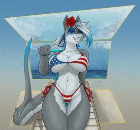accessory alcohol american_flag_bikini anthro beach between_thighs beverage big_breasts bikini bioluminescence blue_eyes blush breasts camel_toe clothed clothing duo female female_anthro flag_bikini flag_swimwear flower flower_in_hair gills glowing hair hair_accessory holidays horn larger_female male male/female micro navel plant ponytail pouring_drink pouring_onto_self sharp_teeth simple_background sitting size_difference smaller_male smile string_bikini swimwear tail teeth two-piece_swimsuit united_states_of_america white_hair stray_prey hasbro my_little_pony mythology fan_character lacera_viscera lucent_(oc) aquatic equid equine fish horse hybrid mackerel_shark mammal mythological_creature mythological_equine pony shark thresher_shark unicorn 2026 absurd_res digital_drawing_(artwork) digital_media_(artwork) hi_res