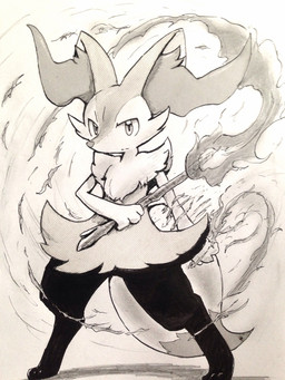 ambiguous_anthro ambiguous_gender anthro biped digitigrade dipstick_tail elemental_manipulation fire fire_manipulation flat_chested front_view holding_object holding_stick looking_at_viewer markings mouth_closed simple_background solo standing stick tail tail_markings eiroru nintendo pokemon braixen canid generation_6_pokemon mammal pokemon_(species) 2017 3:4 full-length_portrait halftone hi_res monochrome pen_(artwork) portrait traditional_media_(artwork)