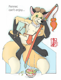 2_tails anthro asian_clothing biped bulge chopsticks clothing detailed_bulge ear_cuff east_asian_clothing food front_view fundoshi japanese_clothing jewelry katana male male_anthro melee_weapon multi_tail necklace nipples noodles ramen sitting solo soup squatting_pose sword tail underwear weapon fennec_(artist) fennec_(character) canid canine fox mammal red_fox true_fox