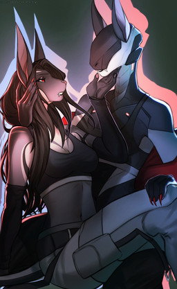 anthro biped bottomwear claws clothed clothed_anthro clothed_female clothing duo female fingers front_view fully_clothed fully_clothed_anthro fully_clothed_female fur hair navel pants simple_background sitting tail teeth topwear iris-icecry acrador canid canine canis jackal mammal 2026 absurd_res digital_drawing_(artwork) digital_media_(artwork) hi_res