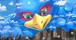 anthro beak blue_body blue_feathers city cloud death destruction feathers giga green_eyes holding_out_hand looking_down looming low-angle_view macro male muscular muscular_male wolfmalro nintendo star_fox falco_lombardi avian bird bust_portrait hi_res portrait