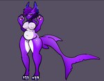 anthro bandage breasts clothing female genitals hair latex latex_clothing latex_skinsuit pubes purple_body pussy rubber_clothing skinsuit slightly_chubby slightly_chubby_female solo tail tight_clothing unknown_artist saki_the_sergal fish manokit marine shark