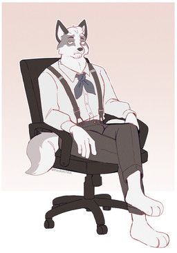anthro black_bottomwear black_clothing black_nose black_pants bored bottomwear chair cheek_tuft clothed clothed_male clothing collared_shirt crossed_legs dress_shirt facial_tuft fully_clothed fully_clothed_male fur furniture grey_body grey_fur hair looking_at_viewer male neck_tuft neckwear office_chair pants shirt short_hair simple_background sitting solo suspenders text topwear tuft whisker_spots white_background white_body white_dress_shirt white_fur white_hair yellow_eyes thesketchfox jim_sterling_(the_smoke_room) canid canine fox mammal marble_fox red_fox true_fox 2024 absurd_res artist_name hi_res