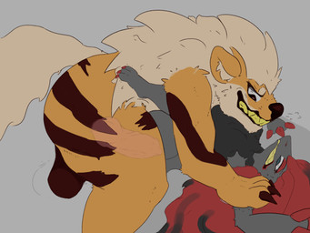 ambiguous_gender anthro balls big_balls big_penis breath clenched_teeth duo feral fur fur_markings genitals hair knot knotted_penis knotting long_hair male markings orange_body orange_fur penis questionable_consent red_hair stomping teeth smolt nintendo pokemon arcanine canid generation_1_pokemon generation_5_pokemon mammal pokemon_(species) zoroark 4:3 hi_res