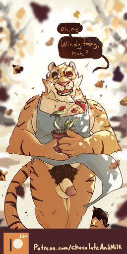 anthro apron apron_only balls big_pubes blue_apron blue_clothing cheek_tuft chin_tuft clothing eyewear facial_tuft fangs front_view fur genitals glans glasses head_tuft holding_potted_plant humanoid_genitalia humanoid_penis looking_at_viewer male markings moobs one_eye_closed open_mouth orange_body orange_eyes orange_fur overweight overweight_anthro overweight_male penis pubes red_tongue round_glasses solo speech_bubble standing striped_arms striped_legs striped_markings striped_tail stripes tail tail_markings tan_balls tan_body tan_fur tan_penis teeth text tongue tuft wind chocolateandmilk felid mammal pantherine tiger 2021 absurd_res dated english_text hi_res signature