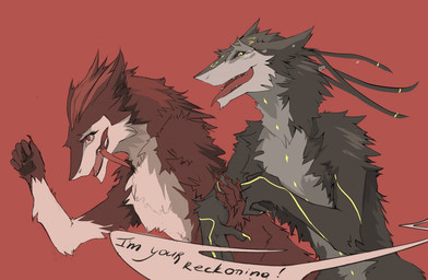 anthro arm_grab black_sclera brown_body brown_fur brown_hands cheek_tuft countershading duo facial_tuft female fur gloves_(marking) grey_body grey_fur hair male markings multicolored_body multicolored_fur neck_tuft open_mouth open_smile pink_body pink_countershading pink_face pink_fur red_background red_body red_eyes red_fur red_hair running sharp_teeth simple_background smile teeth text tongue tongue_out tuft two_tone_body two_tone_fur yellow_eyes yellow_markings akrolayn sergal 2015 digital_media_(artwork) english_text unavailable_at_source