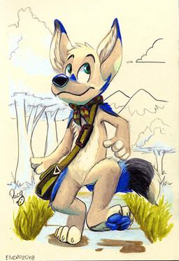 anthro black_nose blue_pawpads cloud dipstick_ears ear_markings front_view fur grass logo male mouth_closed multicolored_ears outside pawpads plant solo tan_body tan_fur teal_eyes tree white_body white_fur young young_anthro young_male pandapaco canid canine mammal 2018 artist_logo dated signature