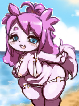 anthro areola barely_visible_genitalia barely_visible_vulva bent_over big_breasts biped blue_eyes blush breasts clothed clothing cloud day female flesh_fang fluffy fluffy_tail front_view fur genitals hair horizon ineffective_clothing looking_at_viewer mostly_nude mostly_nude_anthro mostly_nude_female nipple_slip nipples open_mouth open_smile pink_body pink_fur pink_hair ponytail seaside short_anthro shortstack shortstack_anthro shortstack_female skimpy skimpy_bikini slightly_chubby slightly_chubby_anthro slightly_chubby_female smile solo sun sunny tail three-quarter_view vulva diru canid canine canis domestic_dog mammal 2024 3:4 digital_drawing_(artwork) digital_media_(artwork) hi_res