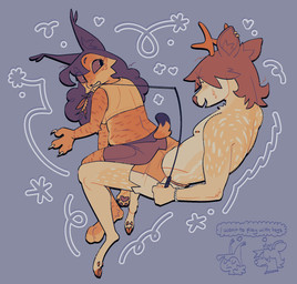 anthro cat_toy claws clothed clothing duo erection erection_under_clothing female foreplay grinding looking_back male male/female muscular on_lap playful sitting_on_another sitting_on_lap slightly_chubby text sabanasmiles aubrey_lebeau kuri_lebeau cervine deer eurasian_lynx fallow_deer felid feline lynx mammal hi_res