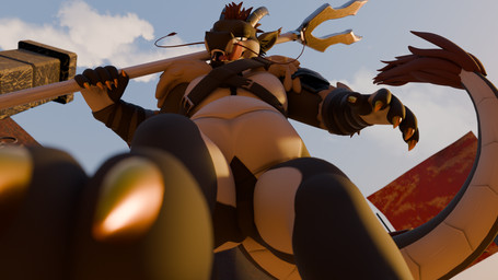 anthro armor belly bent_over dominant dominant_male first_person_view gold_(metal) gold_tooth half-closed_eyes licking licking_lips looking_at_viewer low-angle_view male mane melee_weapon musclegut muscular narrowed_eyes paws polearm raised_leg smug solo spear stepped_on tail thick_thighs tongue tongue_out vore weapon mawlt mythology fletcher_(mawlt) dragon eastern_dragon mythological_creature mythological_scalie scalie 16:9 3d_(artwork) digital_media_(artwork) hi_res widescreen