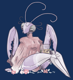4_arms antennae_(anatomy) anthro banknote biped clothed clothing compound_eyes container exoskeleton eyelashes eyes_closed female female_anthro flower glass glass_container jar mandibles money multi_arm multi_limb plant raptorial_(anatomy) simple_background sitting smile solo text transparent_background ssleepyflowers arthropod humanoid insect mantis 2025 alpha_channel english_text