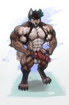 abs animal_genitalia animal_penis anthro biceps big_muscles black_claws blue_eyes bodily_fluids bulge canine_genitalia canine_penis claws clothed clothing clothing_lift deltoids detailed_bulge digitigrade erection erection_under_clothing flexing genital_fluids genital_outline genitals hair huge_muscles jockstrap knot looking_at_viewer looking_up looking_up_at_viewer male multicolored_body muscular muscular_anthro muscular_legs muscular_male muscular_thighs nipples partially_clothed pecs penis penis_outline pose precum quads shirt shirt_in_mouth shirt_lift smile smirk solo tenting topless topwear underwear underwear_down vein veiny_penis rizzyofen paul_(majin764) canid canine canis domestic_dog husky mammal nordic_sled_dog spitz absurd_res digital_media_(artwork) digital_painting_(artwork) hi_res