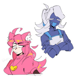 ahoge bangs blue_body blue_clothing blue_gloves blue_handwear blue_mouth blue_shirt blue_topwear clothing crossed_arms duo eyebrow_through_hair eyebrows eyelashes eyes_closed female female_humanoid fur gloves goo-connected_lips hair handwear inner_ear_fluff jewelry long_hair male male_humanoid necklace overalls pink_body pink_clothing pink_fur pink_hair pink_shirt pink_topwear pointy_ears prick_ears shirt simple_background topwear translucent translucent_hair tuft white_background white_hair white_inner_ear_fluff kkupii deltarune undertale undertale_(series) mad_mew_mew rouxls_kaard animal_humanoid darkner felid felid_humanoid feline feline_humanoid humanoid mammal mammal_humanoid 1:1 2025 colored_sketch digital_media_(artwork) hi_res signature sketch