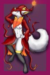 anthro blue_eyes breasts clothing female fire fluffy hat headgear headwear magic_user medium_breasts nipples pink_nipples pose red_clothing robe slim solo tail witch witch_hat thehatredburrito palworld pocketpair canid canine fox mammal pal_(species) wixen absurd_res hi_res pinup