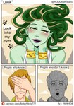 blush clothed clothing dialogue female humor living_hair male pseudo_hair shirt snake_hair text topwear hi_jude european_mythology greek_mythology hanna-barbera mythology scooby-doo_(series) fred_jones medusa shaggy_rogers gorgon human humanoid mammal reptile scalie snake absurd_res comic english_text hi_res url