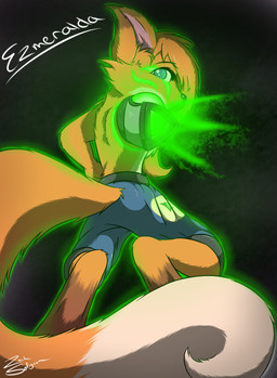 amputee anthro arm_cannon black_nose blue_eyes bottomwear clothed clothing dipstick_tail disability female glowing looking_back markings missing_arm multicolored_tail ranged_weapon shorts solo tail tail_markings topless weapon weapon_arm zachseligson starwarriors ezmeralda canid canine fox mammal hi_res