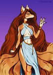 anthro blue_eyes breasts brown_hair clothed clothing ear_piercing eyebrows eyelashes female hair inner_boob navel piercing solo standing under_boob hauringu canid canine fox mammal 2022 digital_media_(artwork) hi_res