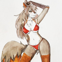 anthro bandage bandaged_arm black_nose bra brown_body brown_fur clothed clothing ear_piercing ear_ring eyelashes female front_view fur grey_body grey_fur grey_hair hair long_hair narrowed_eyes navel panties piercing red_bra red_clothing red_panties red_underwear ring_piercing simple_background skimpy smile solo standing underwear unsigned white_background white_body white_fur akatan_art canid canine fox mammal 1:1 portrait three-quarter_portrait traditional_media_(artwork)
