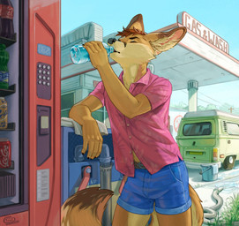 aloha_shirt anthro arms_bent backlighting beverage biped black_claws black_eyebrows black_lips black_markings blue_sky bottle bottomwear brown_body brown_ear_tips brown_fur brown_markings brown_tail_tip brown_text bucket building claws clear_sky clothed clothed_anthro clothed_male clothing container countershade_face countershade_fur countershade_legs countershade_neck countershade_tail countershade_torso countershading day detailed_background dipstick_ears dipstick_tail drinking drinking_from_bottle ear_markings eyebrows eyes_closed facial_markings finger_claws fingers front_view fur gas_station grass grey_nose hair head_markings holding_beverage holding_bottle holding_container holding_object humanoid_hands inner_ear_fluff light lips long_tail machine male male_anthro markings medium_truck monotone_hair multicolored_body multicolored_ears multicolored_fur multicolored_tail navel notched_ear open_mouth outside pattern_clothing pattern_shirt pattern_topwear pink_inner_ear plant public shirt short_hair shorts sign sky snout solo standing sunlight tail tail_markings tan_body tan_ears tan_fur tan_tail text topwear truck tuft utility_pole van vehicle vending_machine water_bottle yellow_body yellow_countershading yellow_fur yellow_inner_ear_fluff yellow_tail yellow_tuft spiritinchoco keksy24 canid canine fennec_fox fox mammal true_fox 2026 alternate_version_at_source detailed digital_media_(artwork) english_text hi_res lighting portrait shaded three-quarter_portrait
