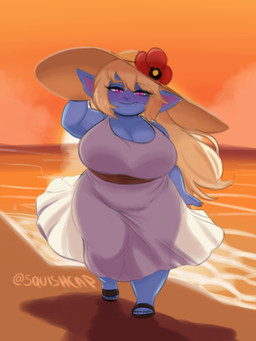 4_toes backlighting beach belly big_breasts biped blonde_hair blue_body blue_skin blush breasts cleavage clothed clothed_female clothed_humanoid clothing curvy_figure dress dusk eyelashes feet female female_humanoid flower flower_on_hat footwear front_view hair hat headgear headwear huge_breasts huge_thighs light long_hair looking_at_viewer one_fang pink_eyes plant pointy_ears red_flower romantic romantic_ambiance sandals sash sea shoes shortstack shortstack_female sky slightly_chubby slightly_chubby_female slightly_chubby_humanoid smile smiling_at_viewer solo standing sun_hat sundress sunset thick_thighs toes voluptuous water white_clothing white_dress wide_hips squishcap league_of_legends riot_games tencent poppy_(lol) humanoid mammal yordle 2025 digital_media_(artwork) full-length_portrait hi_res lighting portrait signature