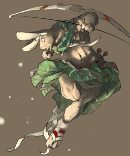 4_fingers anthro archer biped bow_(weapon) brown_background clothed clothing ear_tuft fingers footwear front_view fur holding_object holding_weapon jumping long_ears looking_aside male ranged_weapon shoes simple_background solo tan_body tan_fur toeless_footwear tuft weapon unknown_artist hare lagomorph leporid mammal