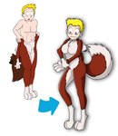 andromorph anthro barely_visible_nipples biped blonde_hair blue_eyes blush breasts brown_body brown_fur brown_hair bulge countershade_fur countershade_torso countershading curled_tail detailed_bulge digitigrade directional_arrow featureless_breasts female fingers fur gender_transformation genital_outline genitals gloves_(marking) hair human_to_anthro intersex leg_markings looking_down_at_self markings mtf_transformation nipples nude penis_outline pussy simple_background socks_(marking) solo species_transformation standing suit_transformation suiting tail transformation transformation_sequence white_background white_body white_countershading white_fur fox0808 canid canine canis collie domestic_dog herding_dog human mammal pastoral_dog sheepdog 2010 colored
