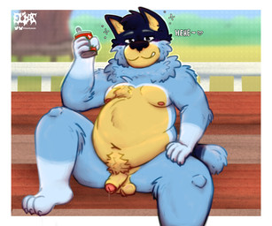 alcohol anthro ball_tuft balls beer belly bench beverage beverage_can black_eyes black_nose black_tail blue_body blue_fur blue_tail_tip blush bodily_fluids cheek_tuft chest_tuft dipstick_tail dripping drunk facial_tuft foreskin fupa fur garden genital_fluids genitals humanoid_genitalia humanoid_penis leaking_precum looking_at_viewer male markings moobs multicolored_body navel neck_tuft nipples outside overweight overweight_anthro overweight_humanoid overweight_male paws penis precum precum_drip precum_on_penis precum_string pubes pubic_mound saggy_balls shadow simple_background sitting sky slightly_chubby smile smiling_at_viewer smirk solo substance_intoxication tail tail_markings tuft vein veiny_penis yellow_body yellow_fur eliaslynxie bluey_(series) bandit_heeler australian_cattle_dog canid canine canis cattledog domestic_dog herding_dog humanoid mammal pastoral_dog 6:5 absurd_res digital_drawing_(artwork) digital_media_(artwork) hi_res signature watermark