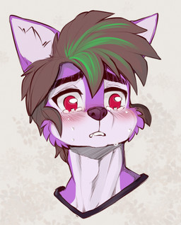 amogus anthro black_eyebrows black_hair bodily_fluids cheek_tuft crying eyebrows facial_tuft fur fur_tuft green_hair hair multicolored_hair purple_body purple_ears purple_fur red_eyes solo tears tuft two_tone_hair eldiman ambient_among_us among_us among_us_eyes innersloth tokami canid canine mammal 2022 hi_res