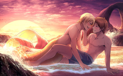 beach brown_hair clothed clothing day detailed_background duo hair human_on_humanoid interspecies male male/male male_human male_humanoid male_on_human male_on_humanoid outside sand scales seaside shoreline sky smile split_form topless water seyumei aquatic human humanoid mammal merfolk 2022 digital_media_(artwork)