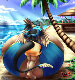 3_fingers 3_toes 4_ears anthro beach big_breasts biped black_body black_ears black_feathers black_sclera black_tail black_wings blue_body blue_bra blue_clothing blue_eyes blue_feathers blue_sky blue_topwear blue_underwear bottomwear bra breasts clothed clothed_anthro clothed_female clothing cloud feather_tuft feathered_wings feathers feet female female_anthro fingers happy huge_breasts hyper hyper_breasts inner_ear_fluff multi_ear open_mouth orange_bottomwear orange_clothing orange_shorts sand sea shorts sky smile solo tail tail_tuft tan_body tan_breasts tan_ears tan_feathers tan_feet tan_fingers tan_hands tan_inner_ear tan_legs tan_tail_tuft tan_toes tan_wings text toes topwear tuft underwear water winged_arms wings sleitwhite eilanii_(kiglirs) avali avian absurd_res english_text hi_res signature female_(lore)