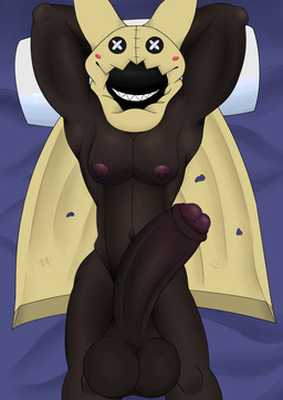 anthro balls big_balls big_penis black_body darkened_genitalia erection genitals huge_balls huge_penis hyper hyper_balls hyper_genitalia hyper_penis male nipples nude penis small_but_hung smile solo teeth 3loy nintendo pokemon generation_7_pokemon ghost mimikyu pokemon_(species) spirit absurd_res digital_media_(artwork) hi_res