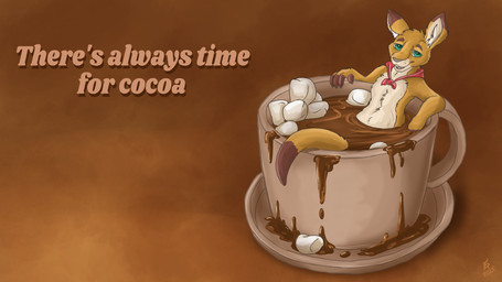 anthro beverage candy chocolate dessert dipstick_ears dipstick_tail ear_markings fingerless_(marking) food hot_chocolate male markings marshmallow multicolored_ears open_mouth partially_submerged pink_nose red_scarf scarf solo tail tail_markings text flinters flinters_(character) kangaroo macropod mammal marsupial 16:9 2025 english_text hi_res widescreen