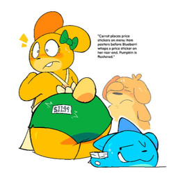 anthro apron big_butt black_nose blue_body blue_fur blush bodily_fluids bow_ribbon butt clothing ear_bow embarrassed eyes_closed facepalm female frown fur green_clothing green_panties green_underwear group humor male narration one_eye_closed panties price_sticker simple_background smug smug_expression smug_face smug_grin surprised sweat sweatdrop tail text trio underwear white_background wink yellow_body yellow_fur navipal blueberri_(blueberri) carrot_(blueberri) pumpkin_(blueberri) canid canine canis domestic_dog felid feline lagomorph leporid mammal rabbit 1:1 colored digital_drawing_(artwork) digital_media_(artwork) english_text low_res shaded