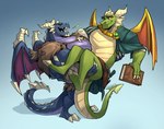 anthro blue_body book carrying_another claws clothing duo green_body horn male male/male muscular muscular_anthro muscular_male open_mouth open_smile smile standing wings racesolar activision european_mythology mythology spyro_reignited_trilogy spyro_the_dragon bubba_(spyro) nestor_(spyro) rescued_dragons_(spyro) dragon mythological_creature mythological_scalie scalie western_dragon hi_res