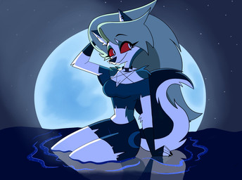 anthro blue_moon bottomwear breasts cleavage clothed clothed_anthro clothed_female clothing collar ear_piercing female fingerless_gloves full_moon fur gloves grey_hair hair hand_behind_head hand_in_hair handwear long_hair looking_aside midriff moon night partially_submerged piercing pose red_sclera reflection shorts sitting sky solo spiked_collar spikes star touching_hair white_body white_eyes white_fur starpaintart hellaverse helluva_boss mythology loona_(helluva_boss) canid canid_demon canine demon hellhound mammal mythological_canine mythological_creature 2024
