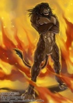 abs animal_genitalia anthro athletic balls biceps biped crossed_arms fangs fire fully_sheathed fur genitals hair long_hair looking_at_viewer male muscular muscular_anthro nipples nude pecs sheath smile solo teeth jc_(artist) felid lion mammal pantherine 2011