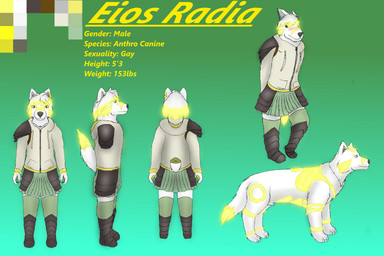 anthro armor clothed clothing ear_piercing ear_ring feral fur glowing glowing_markings hair male markings piercing ring_piercing simple_background solo white_body white_fur yellow_markings valus_shadewalker eios_radia_(valus_shadewalker) canid canine canis mammal wolf absurd_res hi_res model_sheet